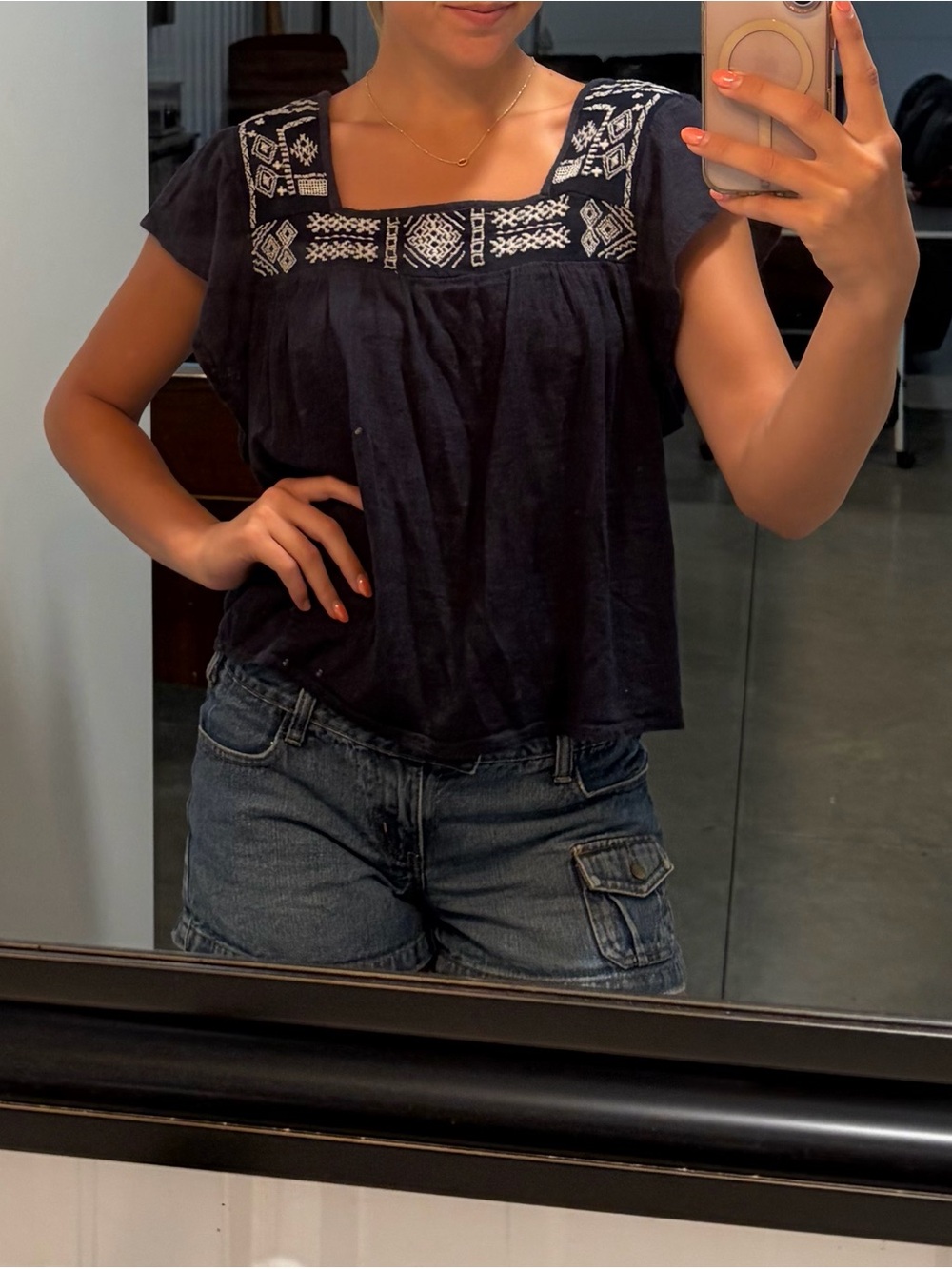 Hollister Navy Square-Neck Embroidered Blouse